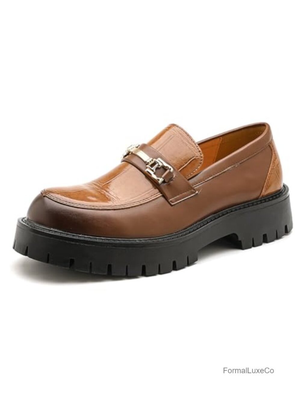 Men's Leather Platform Penny Loafers Metal Embellishments Round Toe Lug Sole